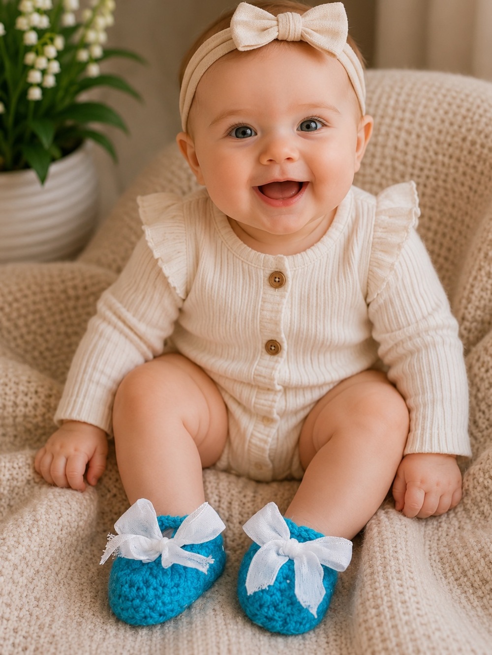 Crocheted Turquoise Baby Booties with a White Ribbon Bow Accent